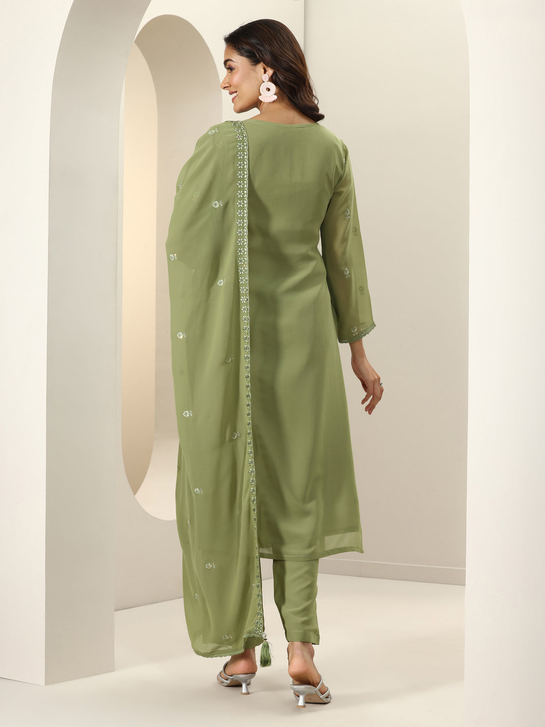 Green Embroidered Georgette Straight Suit Sets With Dupatta