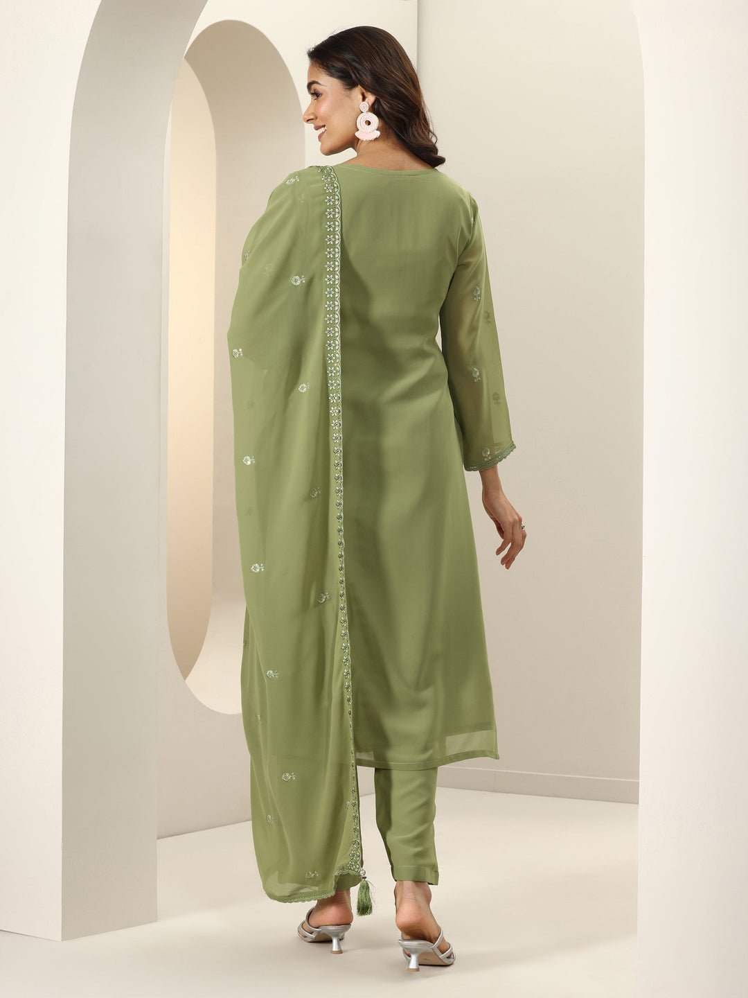 Green Embroidered Georgette Straight Suit Sets With Dupatta