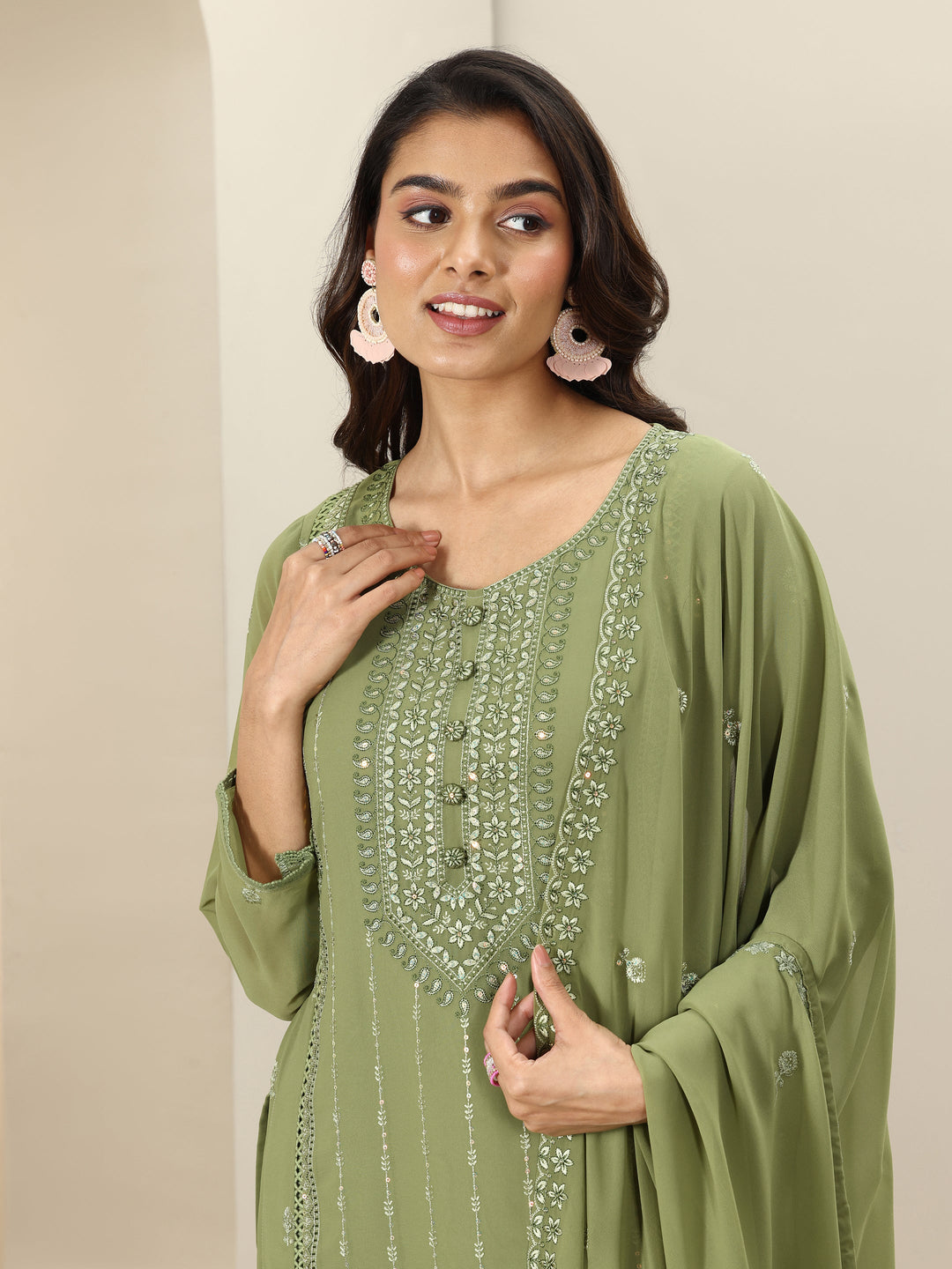 Green Embroidered Georgette Straight Suit Sets With Dupatta