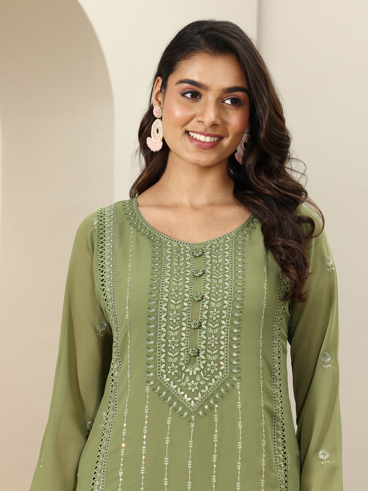 Green Embroidered Georgette Straight Suit Sets With Dupatta