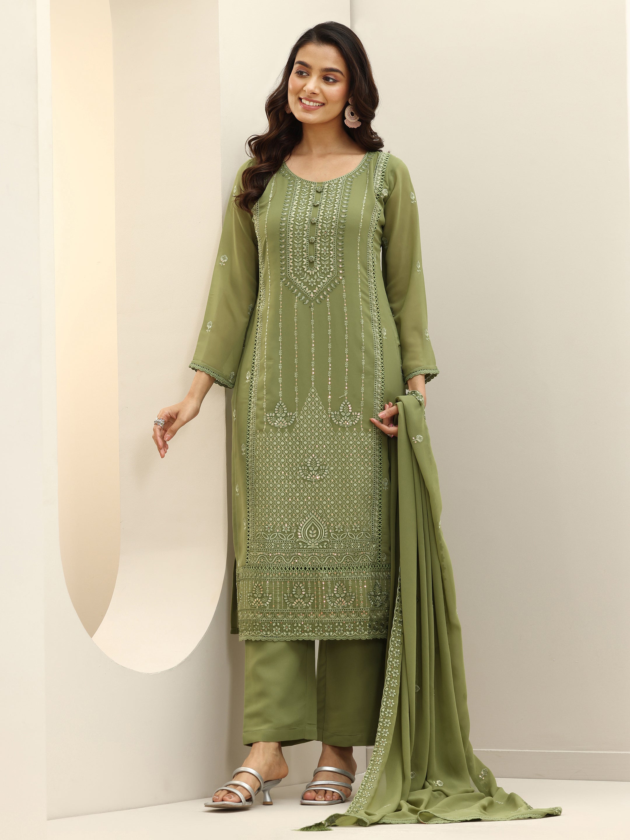 Libas Art Green Embroidered Georgette Straight Suit With Dupatta