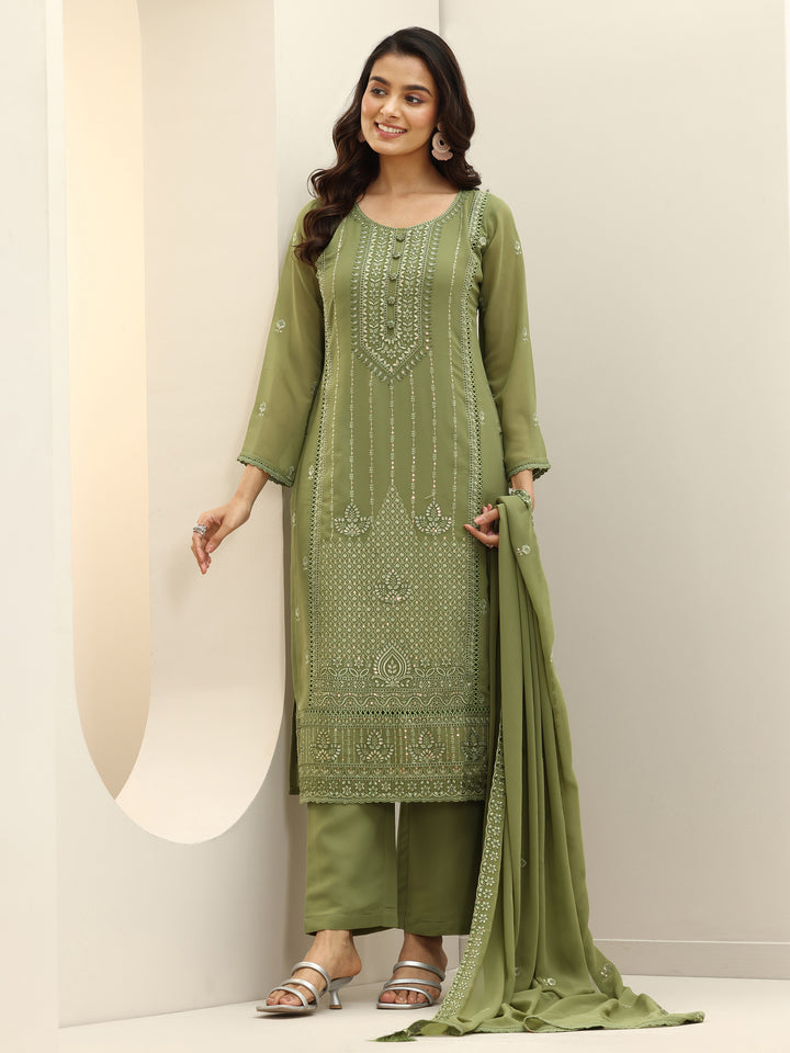 Green Embroidered Georgette Straight Suit Sets With Dupatta
