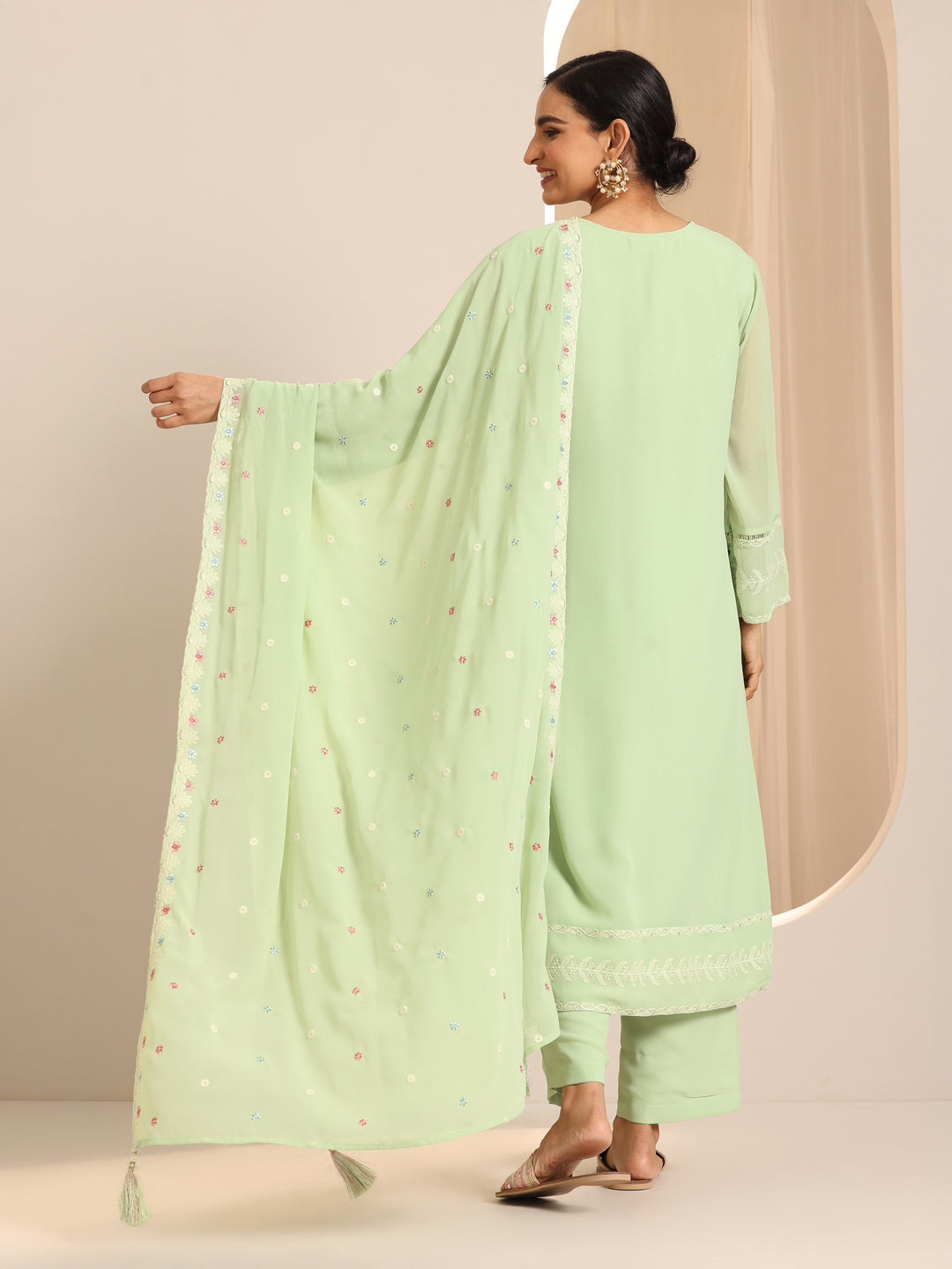 Green Embroidered Georgette Straight Suit Set With Dupatta