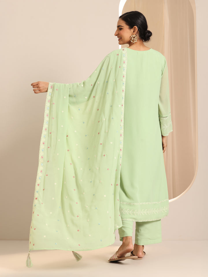 Green Embroidered Georgette Straight Suit Set With Dupatta