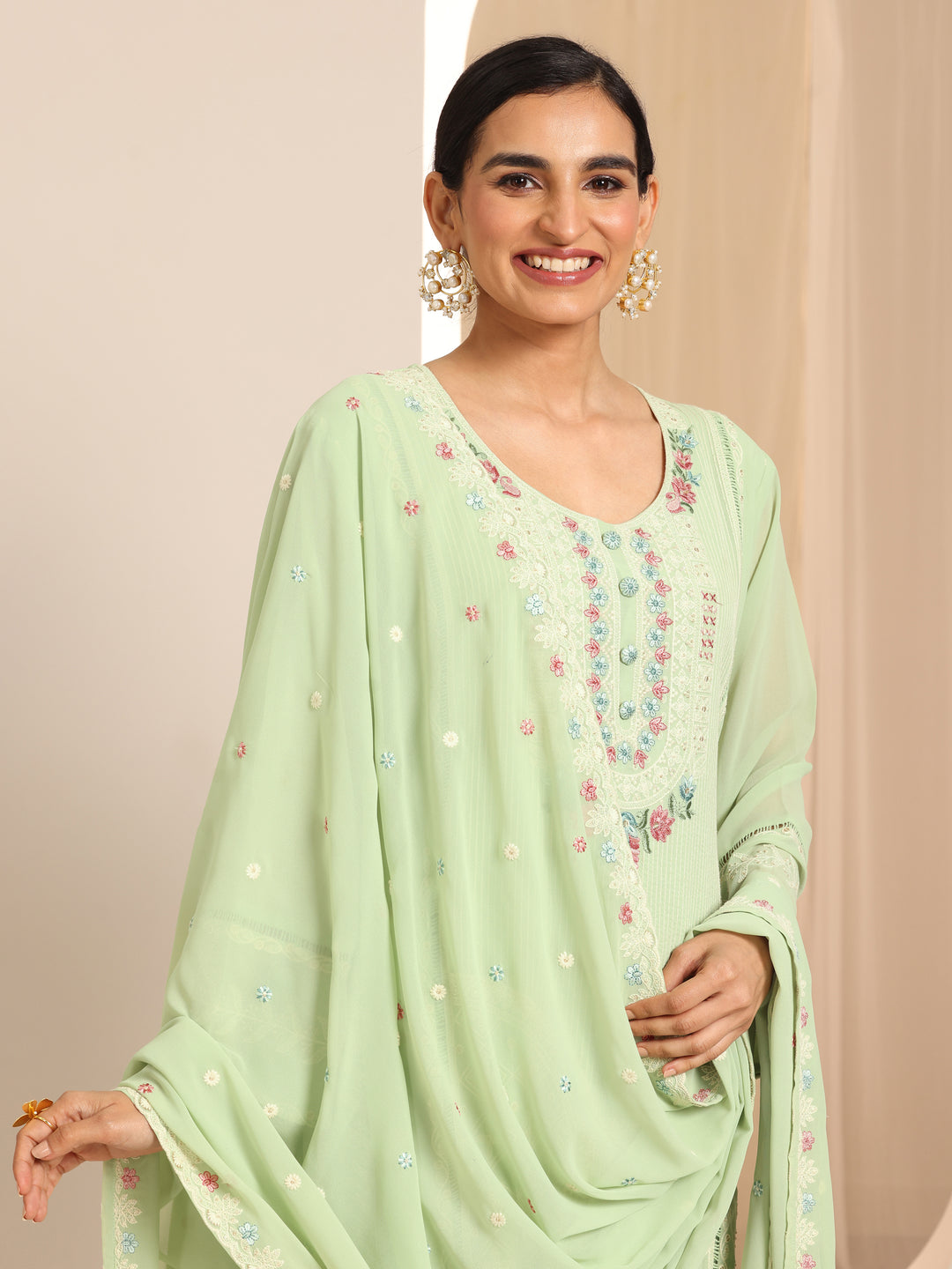 Green Embroidered Georgette Straight Suit Set With Dupatta
