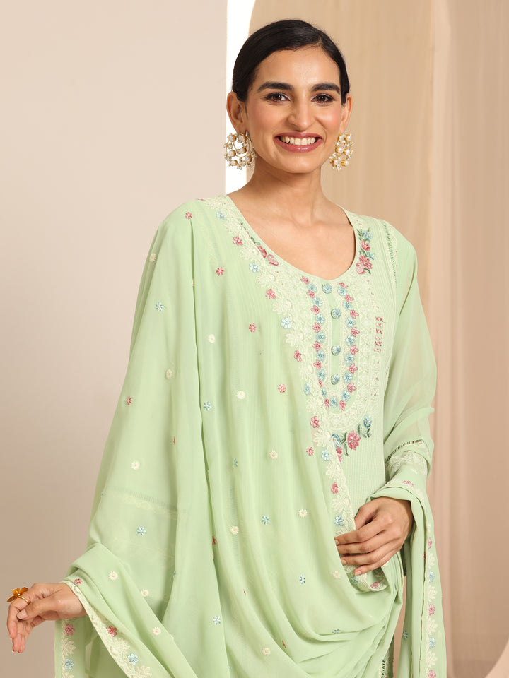 Green Embroidered Georgette Straight Suit Set With Dupatta