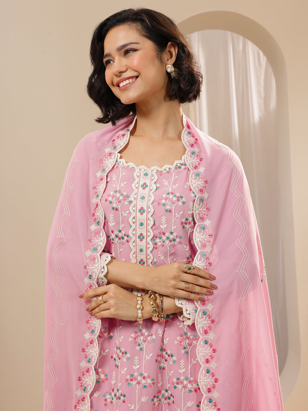 Pink Embroidered Georgette Straight Suit Sets With Dupatta
