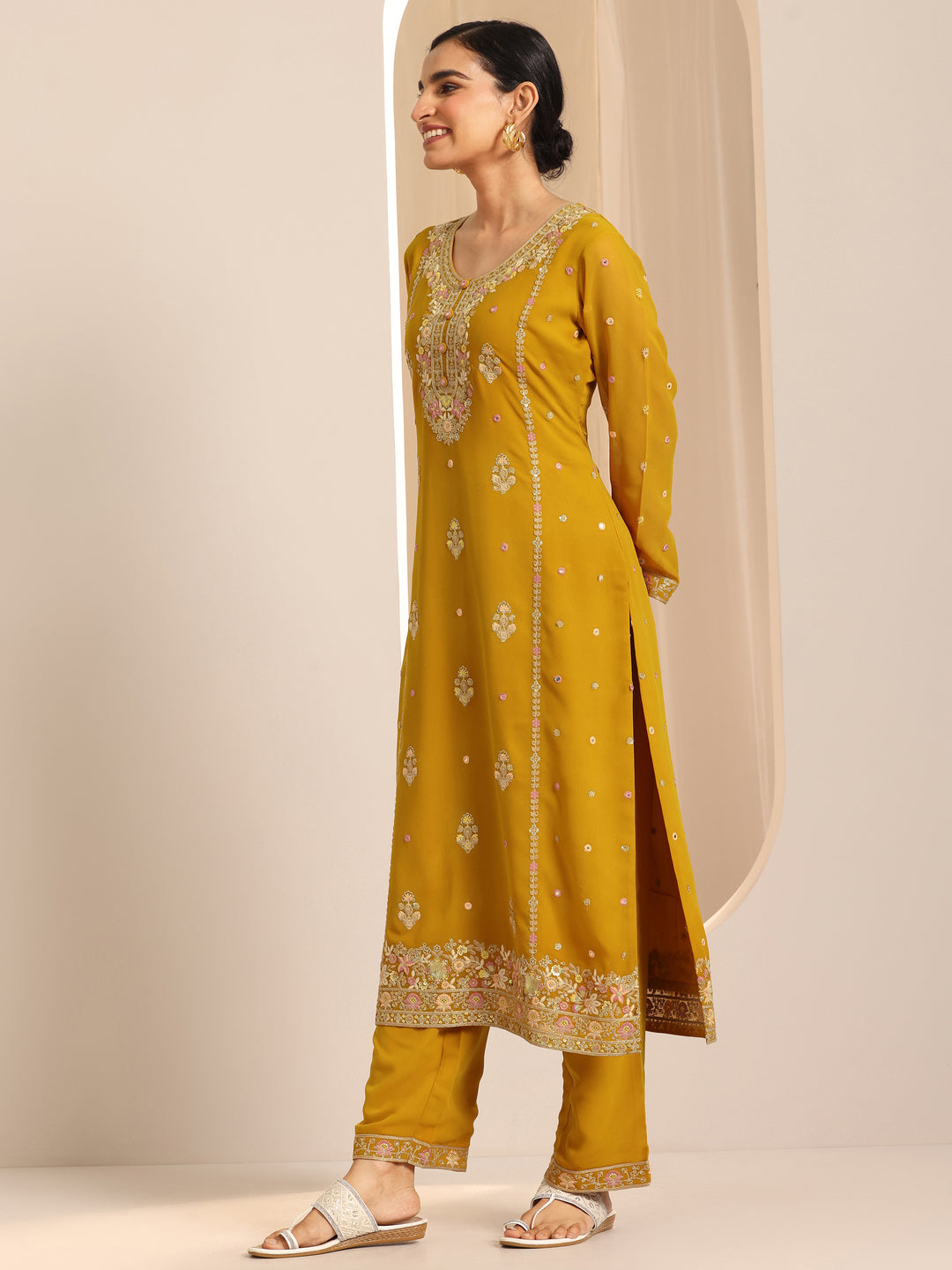 Mustard Embroidered Georgette Straight Suit Set With Dupatta