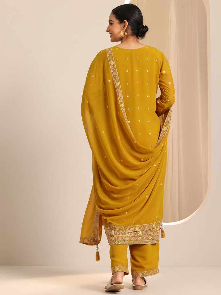 Mustard Embroidered Georgette Straight Suit Set With Dupatta