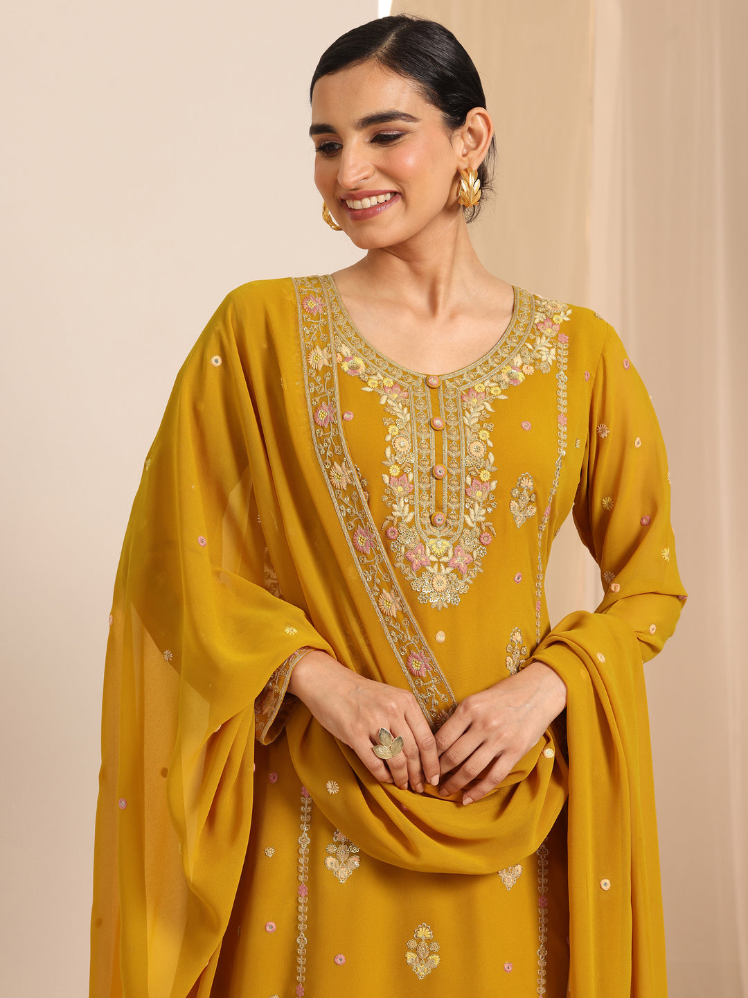 Mustard Embroidered Georgette Straight Suit Set With Dupatta