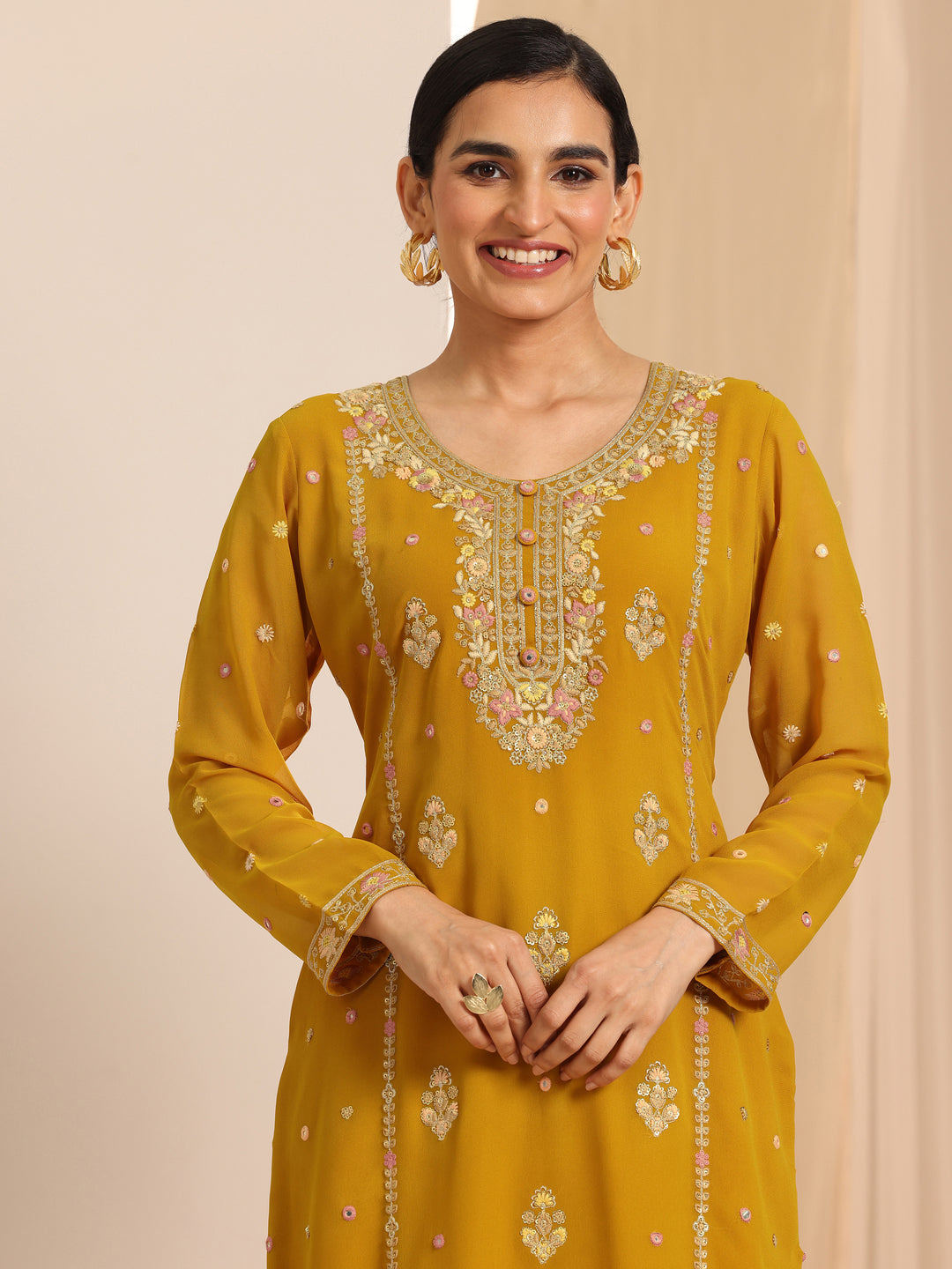 Mustard Embroidered Georgette Straight Suit Set With Dupatta