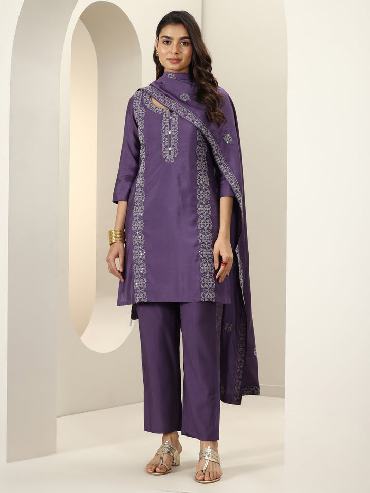 Purple Embroidered Silk Blend Straight Suit Sets With Dupatta