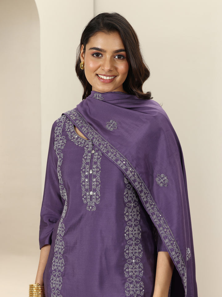 Purple Embroidered Silk Blend Straight Suit Sets With Dupatta