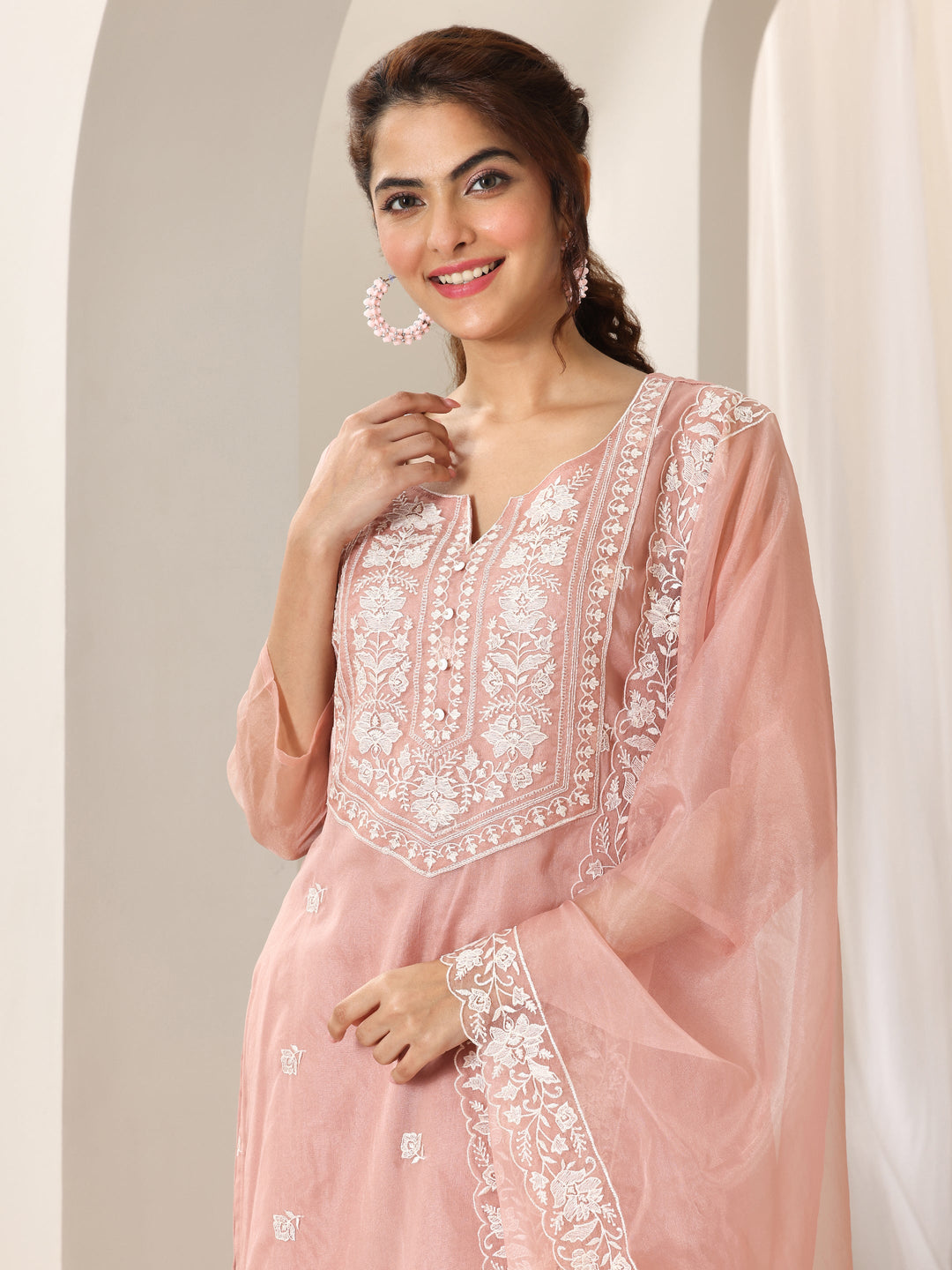 Peach Embroidered Organza Straight Suit Set With Dupatta