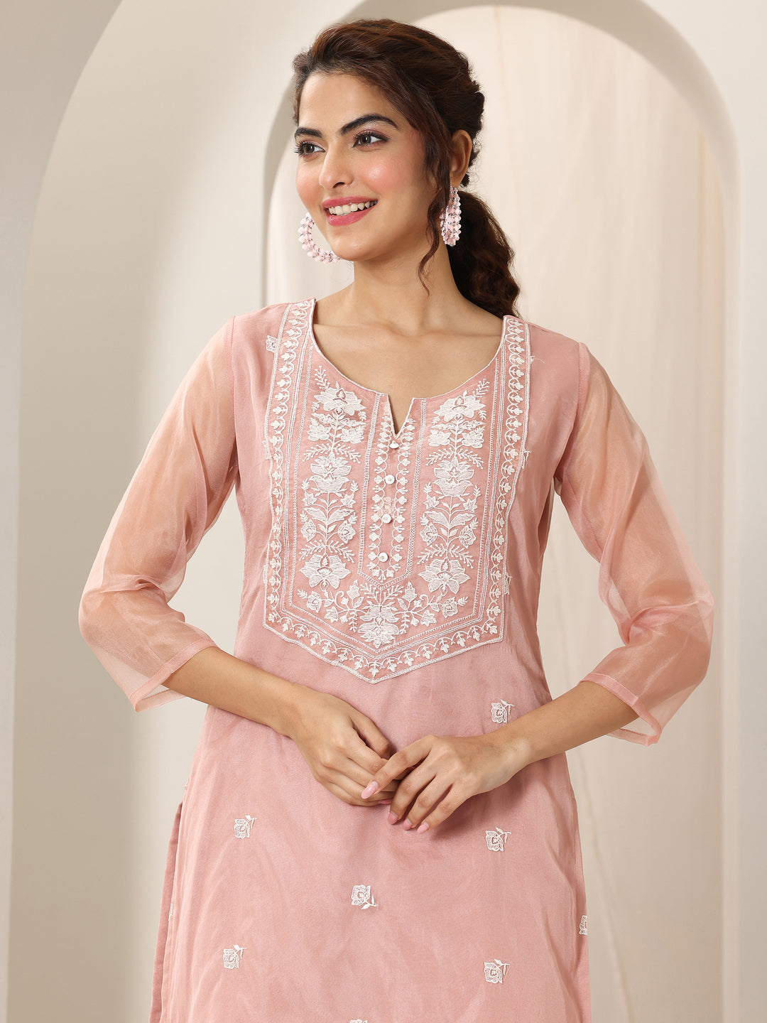 Peach Embroidered Organza Straight Suit Set With Dupatta