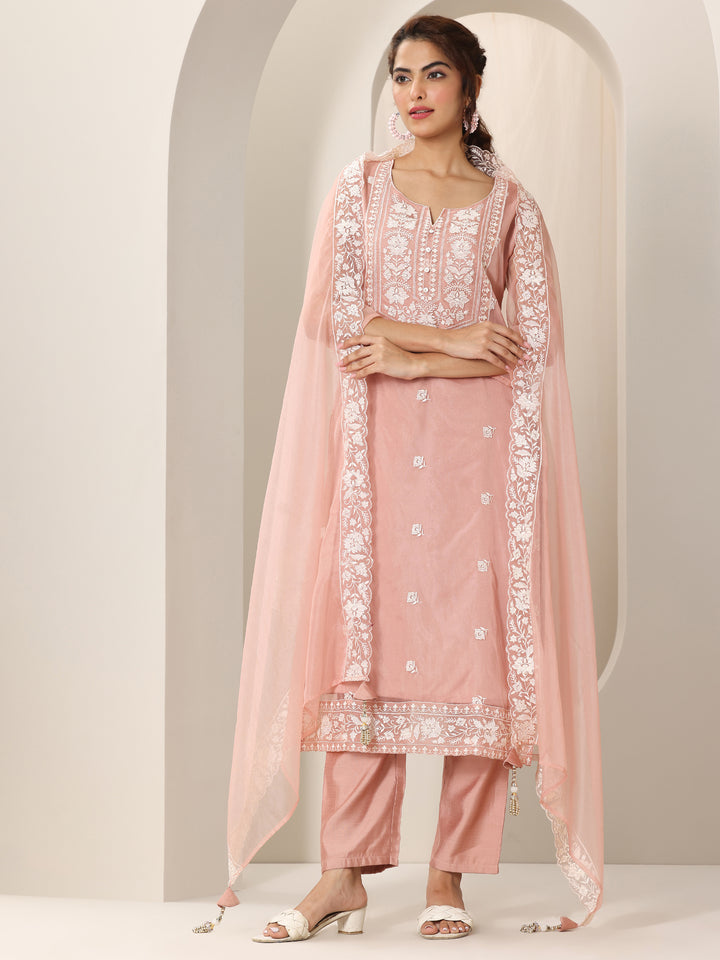 Peach Embroidered Organza Straight Suit Set With Dupatta