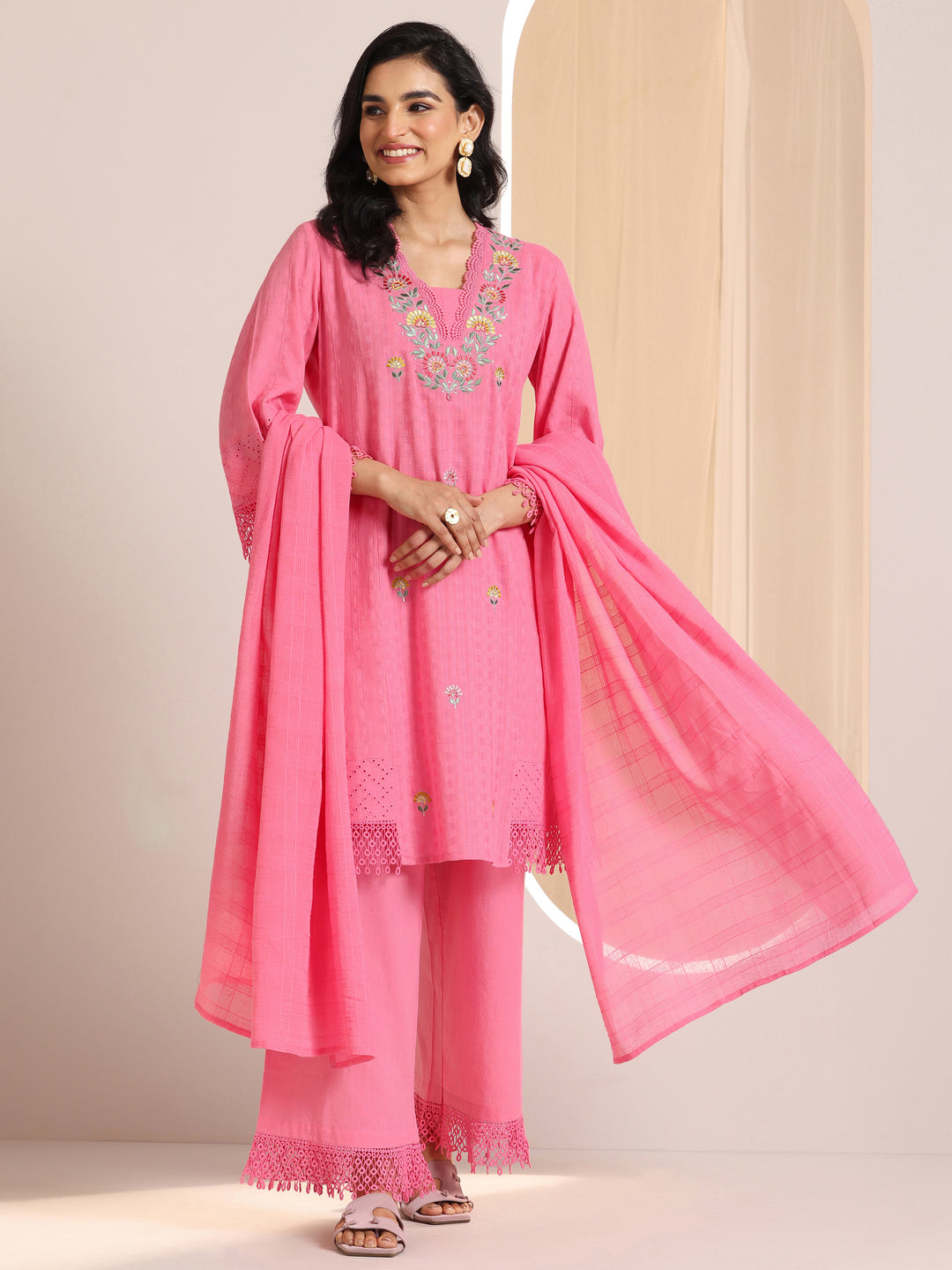 Pink Embroidered Cotton Straight Suit Set With Dupatta