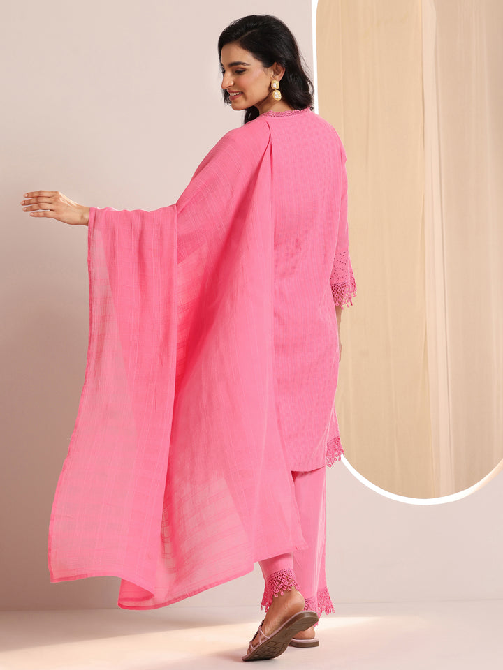 Pink Embroidered Cotton Straight Suit Set With Dupatta