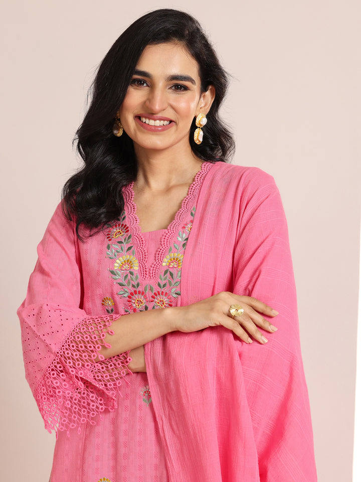 Pink Embroidered Cotton Straight Suit Set With Dupatta