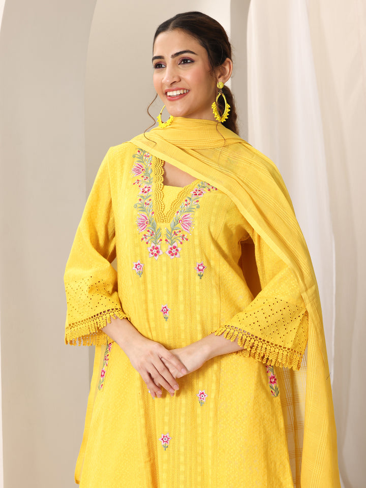 Yellow Embroidered Cotton Straight Suit Set With Dupatta