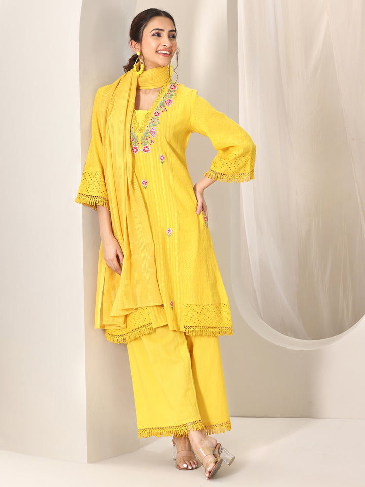 Yellow Embroidered Cotton Straight Suit Set With Dupatta