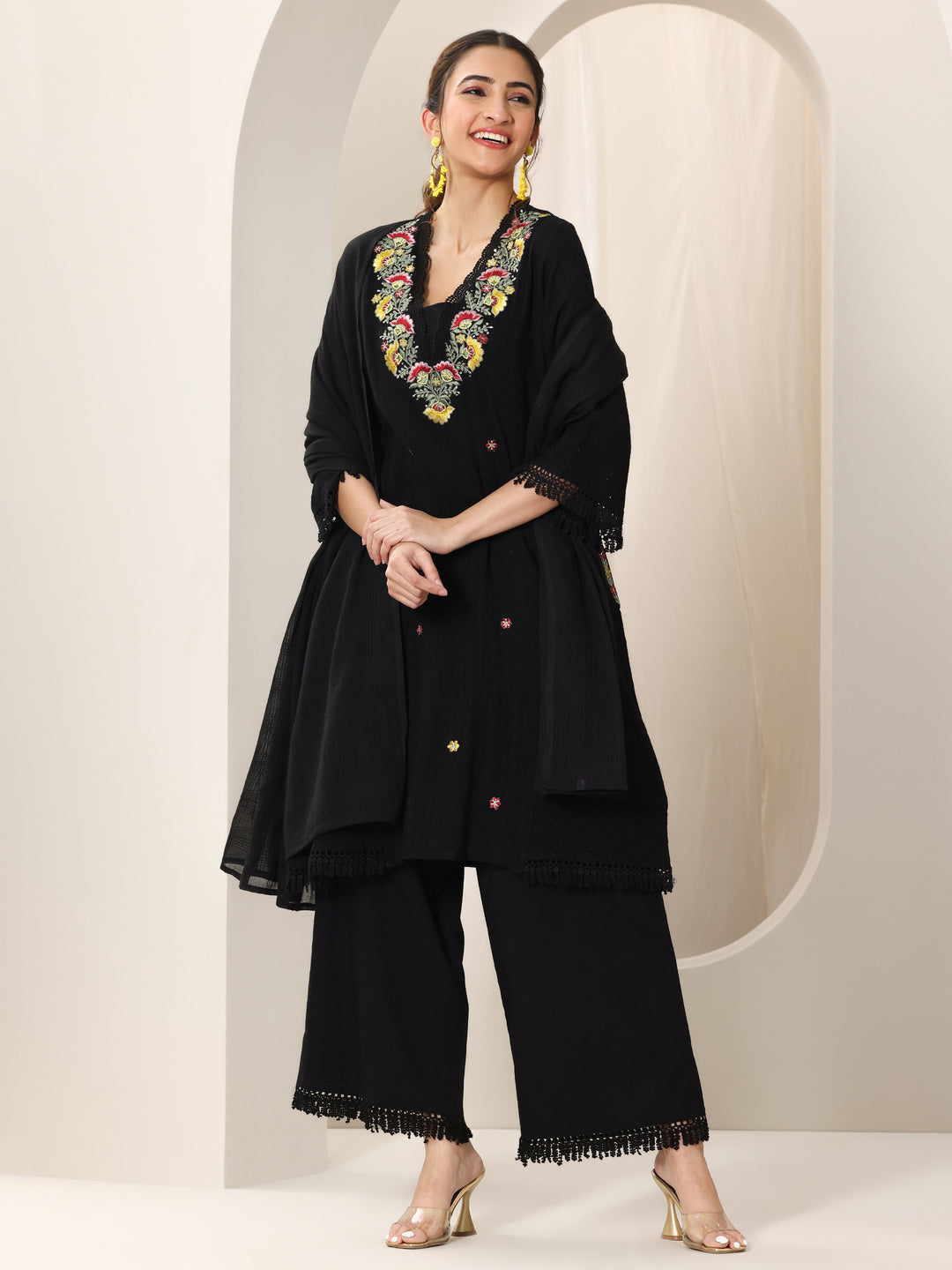 Black Embroidered Cotton Straight Suit Set With Dupatta