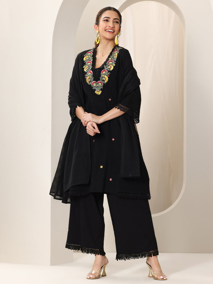 Black Embroidered Cotton Straight Suit Set With Dupatta
