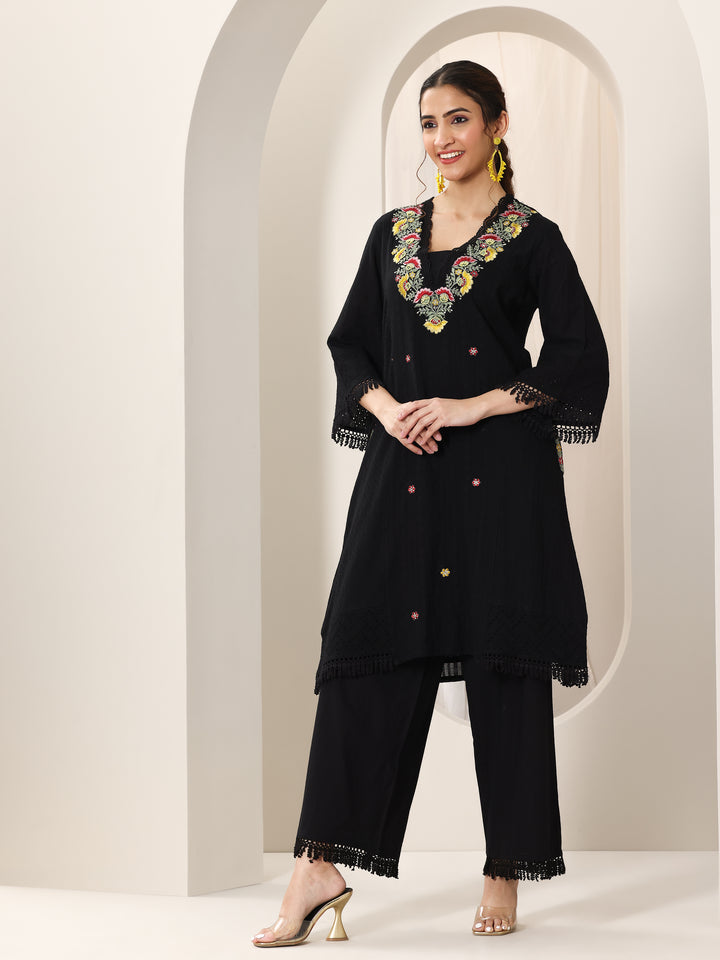 Black Embroidered Cotton Straight Suit Set With Dupatta