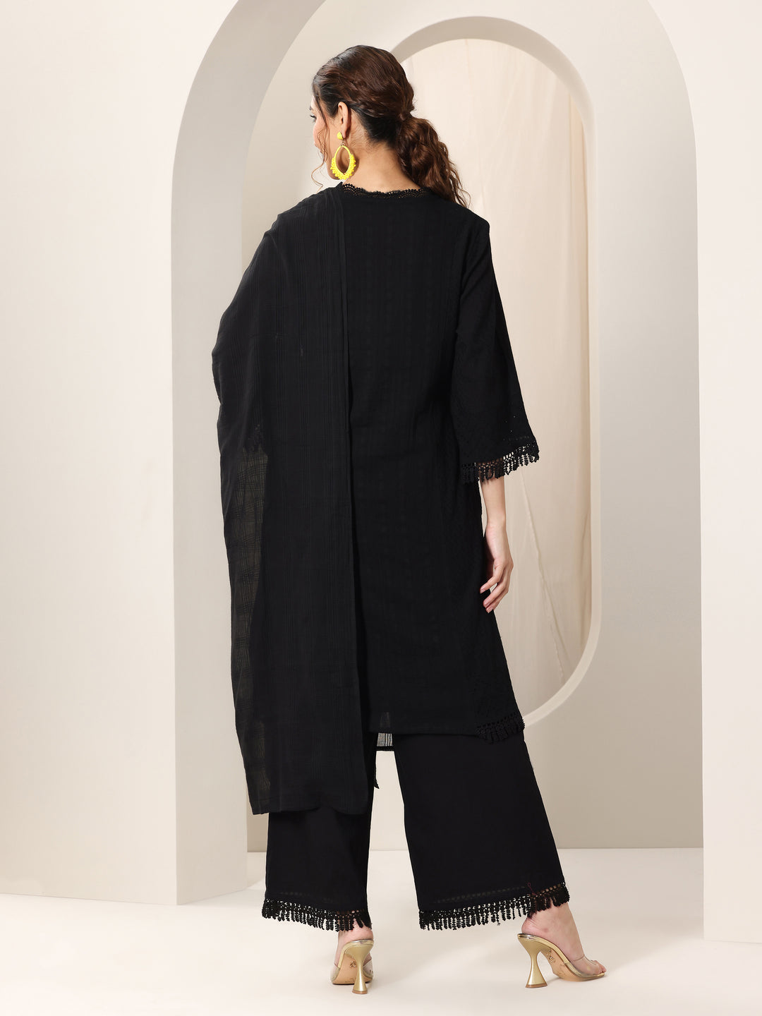 Black Embroidered Cotton Straight Suit Set With Dupatta