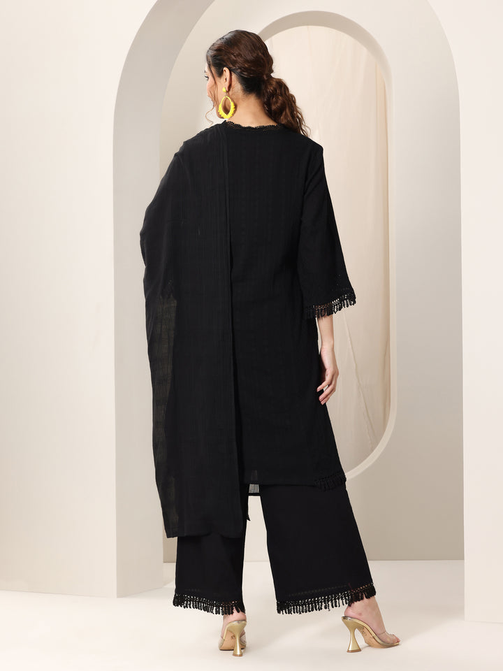 Black Embroidered Cotton Straight Suit Set With Dupatta