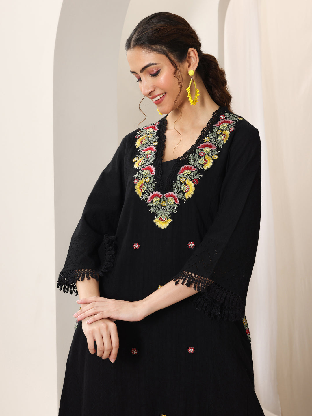 Black Embroidered Cotton Straight Suit Set With Dupatta