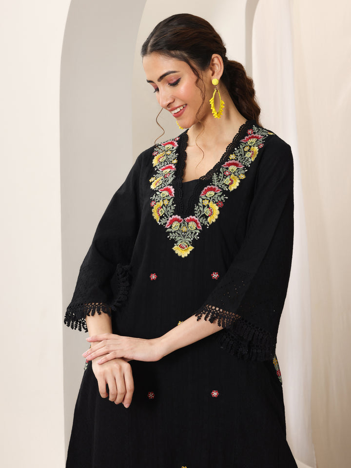 Black Embroidered Cotton Straight Suit Set With Dupatta