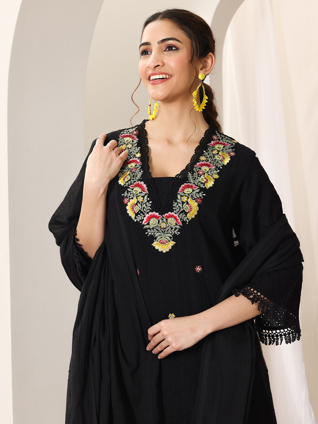 Buy Black Embroidered Cotton Straight Suit Set With Dupatta Online