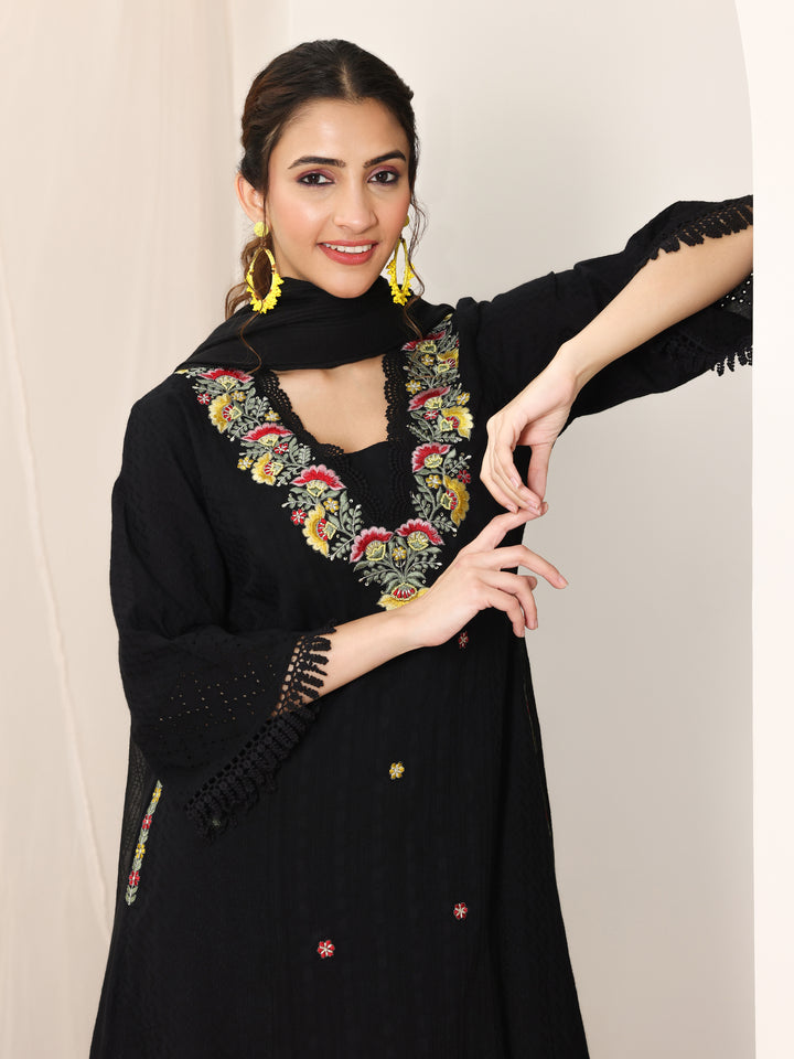 Black Embroidered Cotton Straight Suit Set With Dupatta