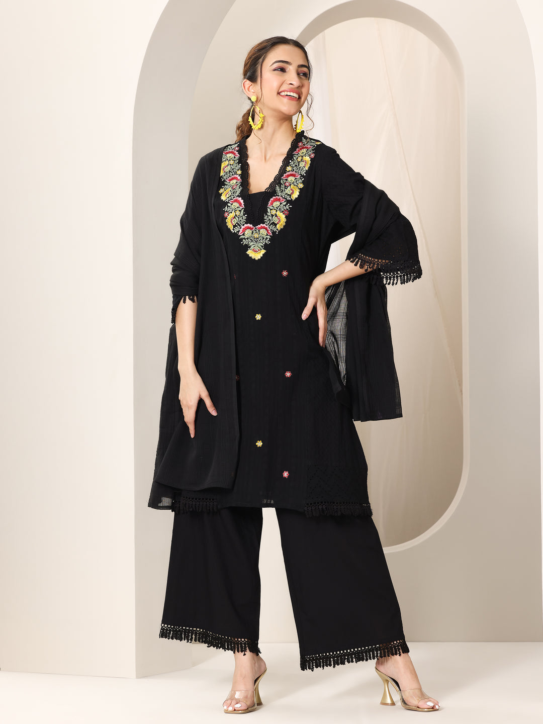 Black Embroidered Cotton Straight Suit Set With Dupatta
