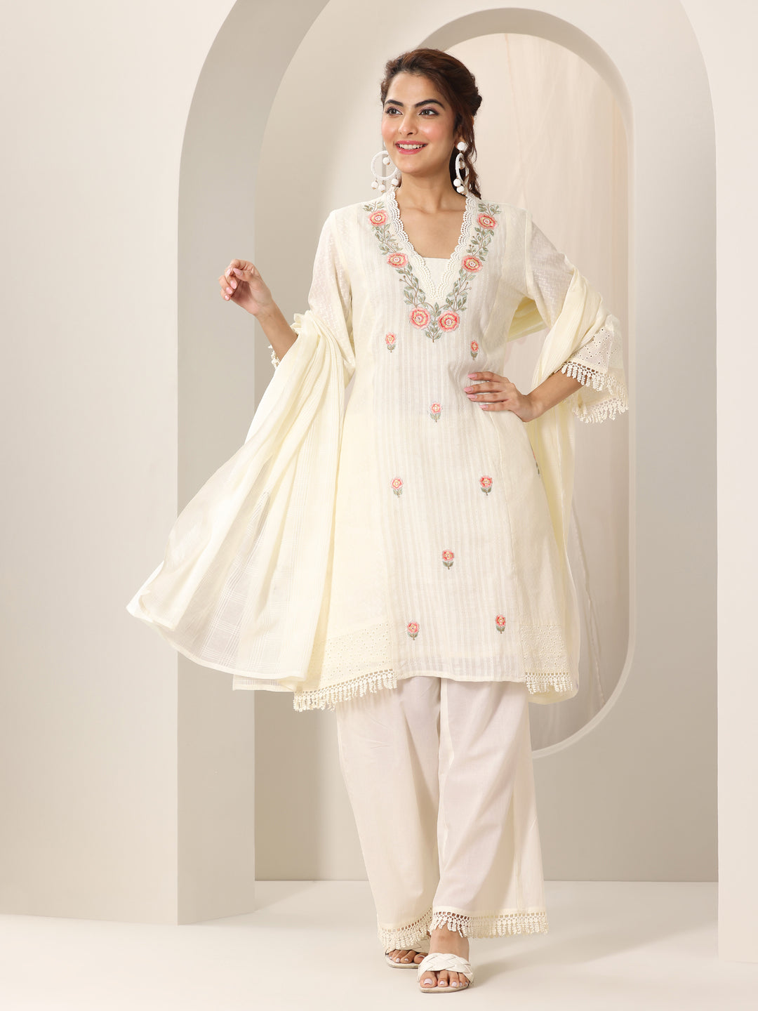 Off White Embroidered Cotton Straight Suit Set With Dupatta