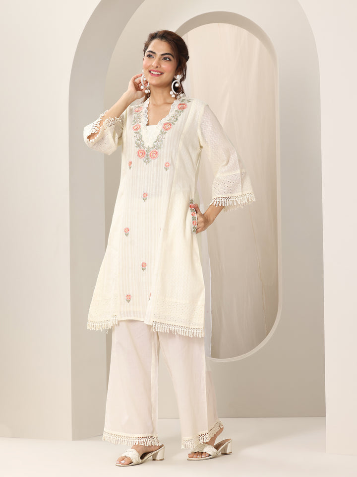Off White Embroidered Cotton Straight Suit Set With Dupatta