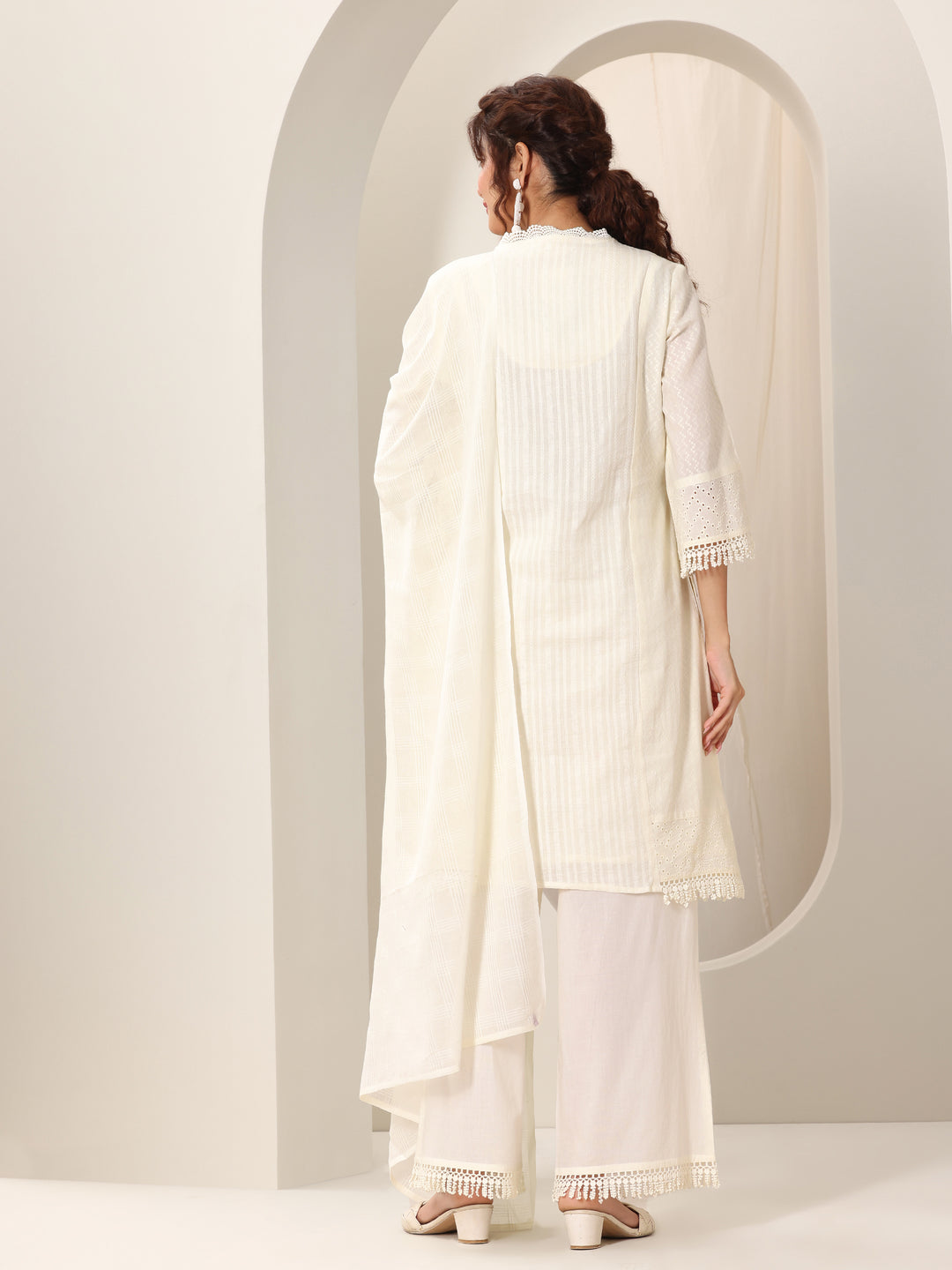 Off White Embroidered Cotton Straight Suit Set With Dupatta