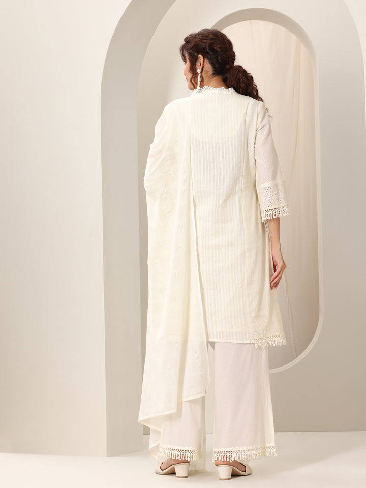 Off White Embroidered Cotton Straight Suit Set With Dupatta