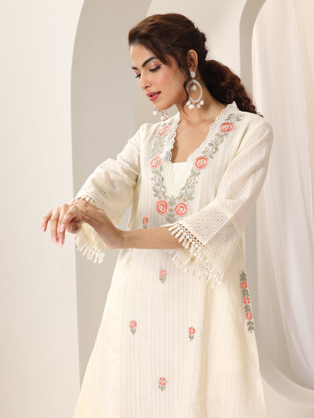 Off White Embroidered Cotton Straight Suit Set With Dupatta