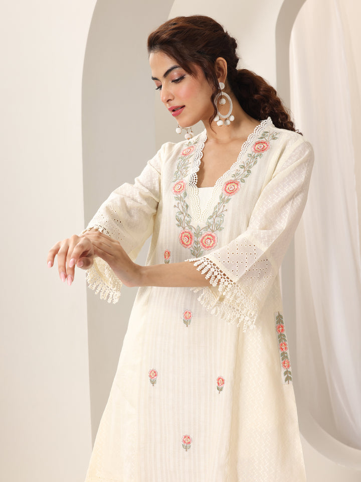 Off White Embroidered Cotton Straight Suit Set With Dupatta