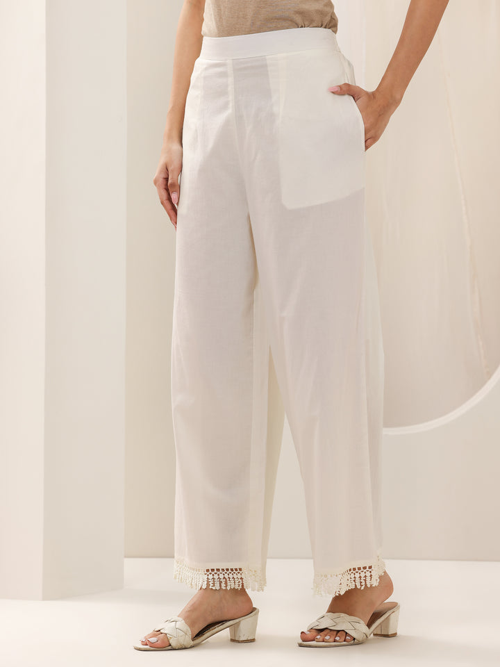 Off White Embroidered Cotton Straight Suit Set With Dupatta