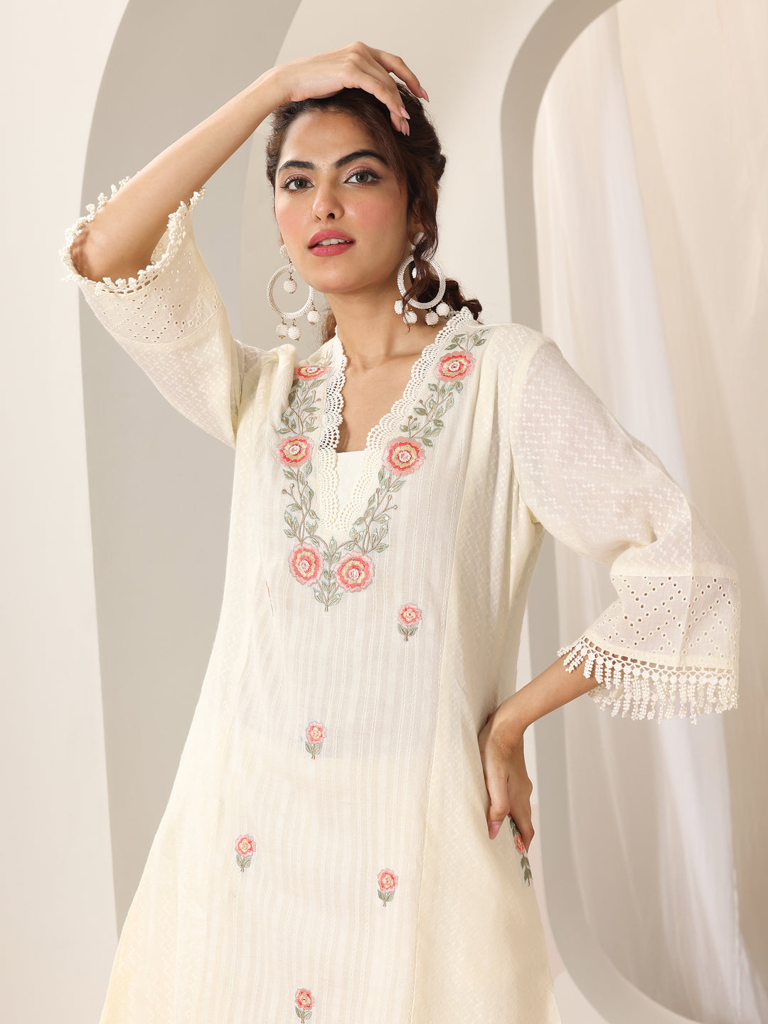 Off White Embroidered Cotton Straight Suit Set With Dupatta