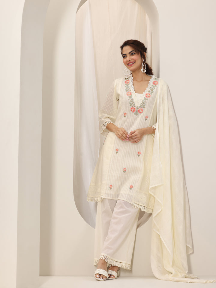 Off White Embroidered Cotton Straight Suit Set With Dupatta