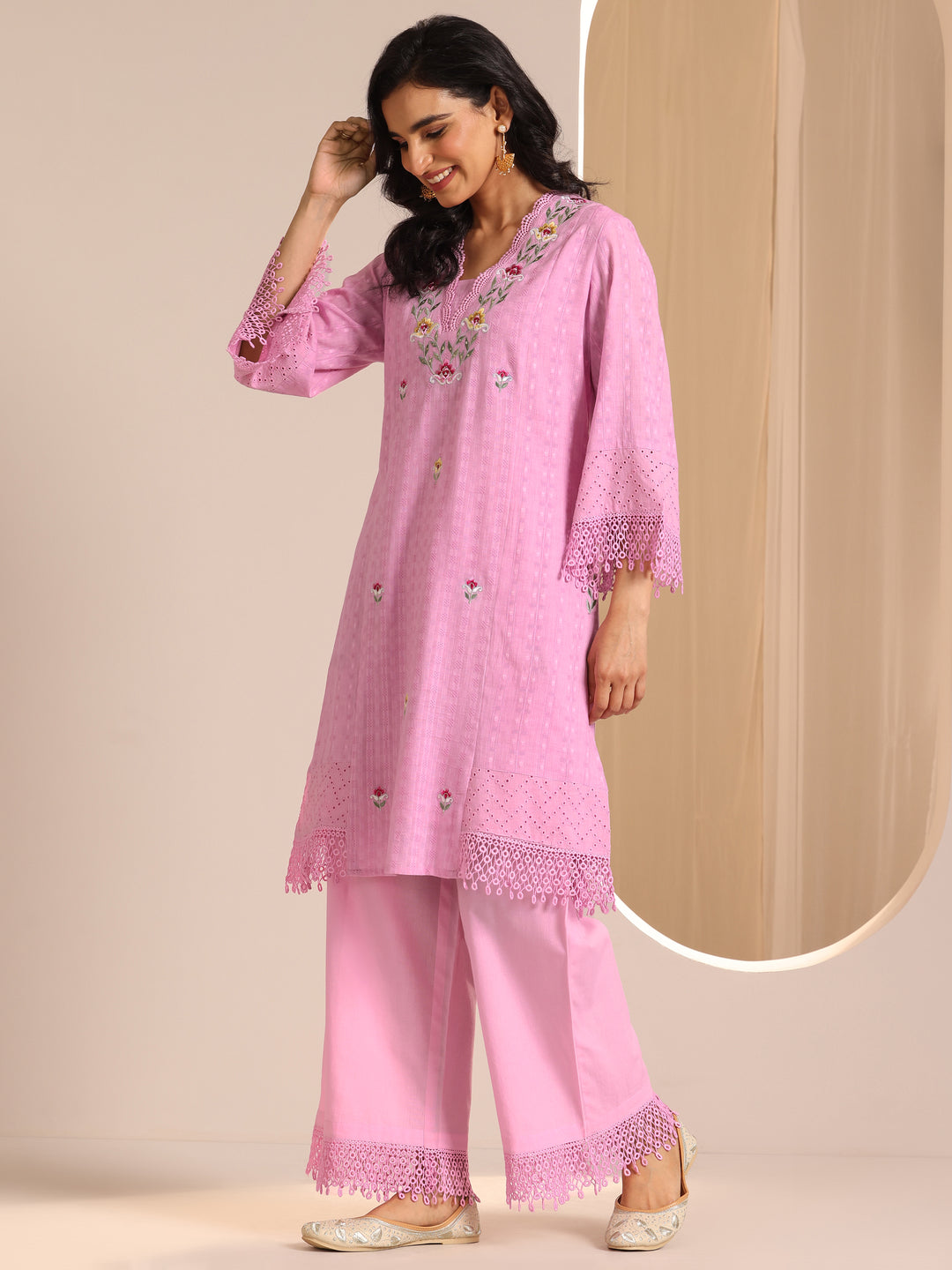 Lavender Embroidered Cotton Straight Suit Set With Dupatta
