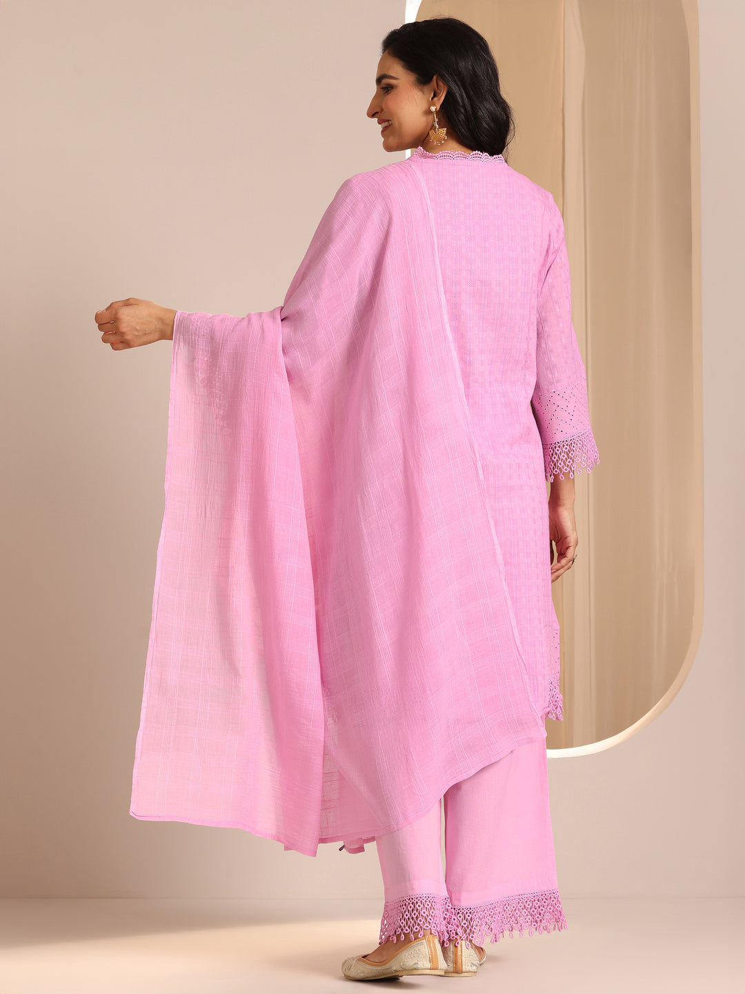 Lavender Embroidered Cotton Straight Suit Set With Dupatta