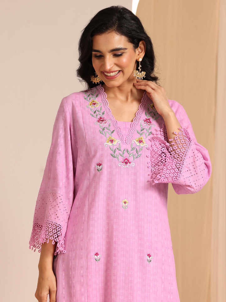 Lavender Embroidered Cotton Straight Suit Set With Dupatta