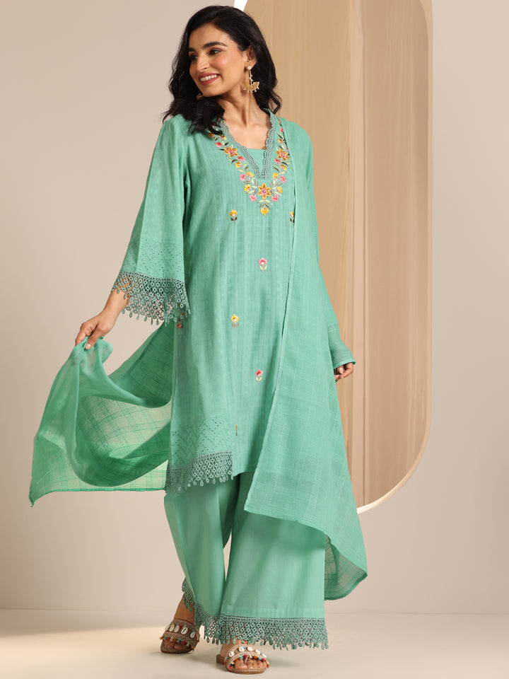 Green Embroidered Cotton Straight Suit Set With Dupatta
