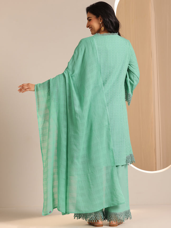 Green Embroidered Cotton Straight Suit Set With Dupatta