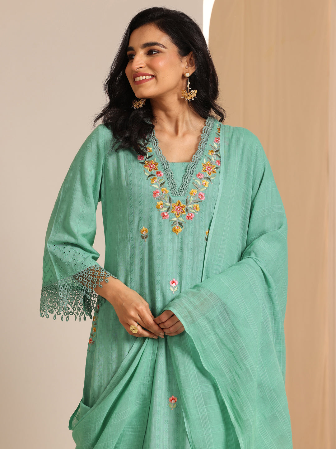 Green Embroidered Cotton Straight Suit Set With Dupatta